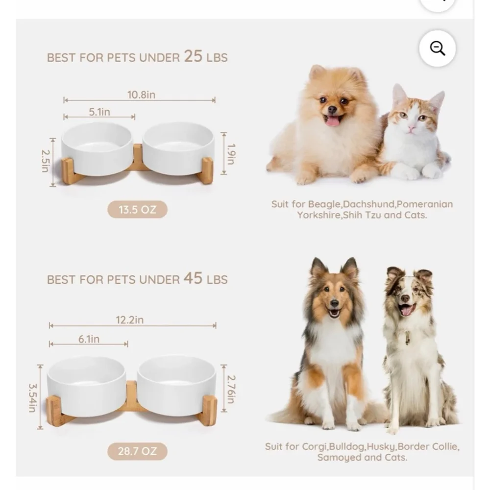 NEW Ceramic Dog Cat Bowl Set Wooden Stand Non-Slip Matte 13.5Oz